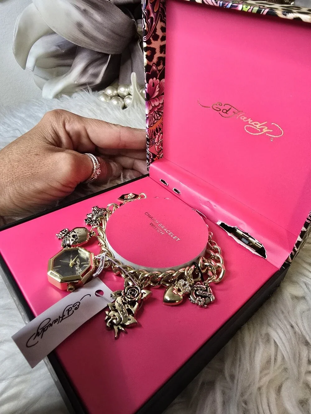 Ed Hardy Lobster closure, Gold tone bracelet, octagon shaped watch new